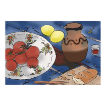 Red wine stain on blue table posters