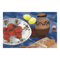 Red wine stain on blue table posters