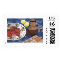 Red wine stain on the blue table postage