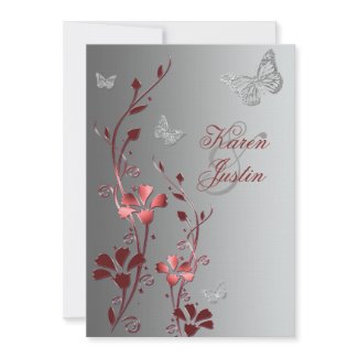 Red with Silver Butterflies on Linen Invitation invitation