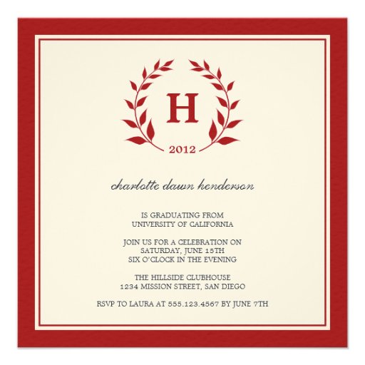 Red wreath monogram graduation class invitation (front side)