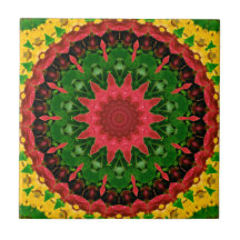 Red, Yellow and Green Kaleidoscope Mandala Tiles