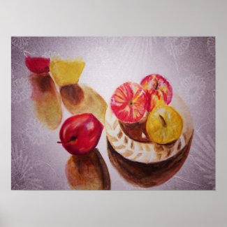 Red Yellow Apples Plate Flowers Fruit Art Poster