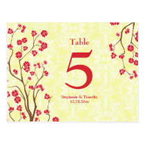 Red   yellow floral damask wedding table number post card
