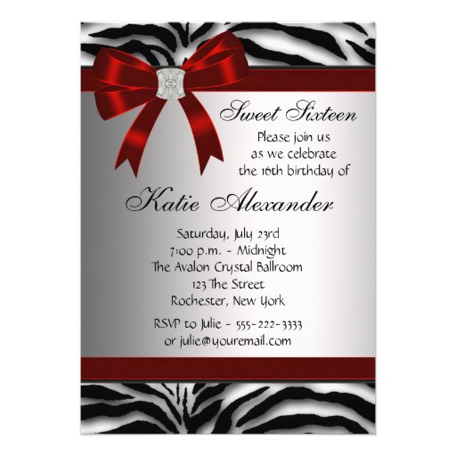 Red Zebra Bow Sweet Sixteen Birthday Party Personalized Announcements