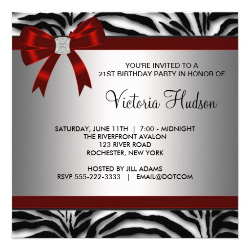 Red Zebra Girl Womans Birthday Party Personalized Invitations