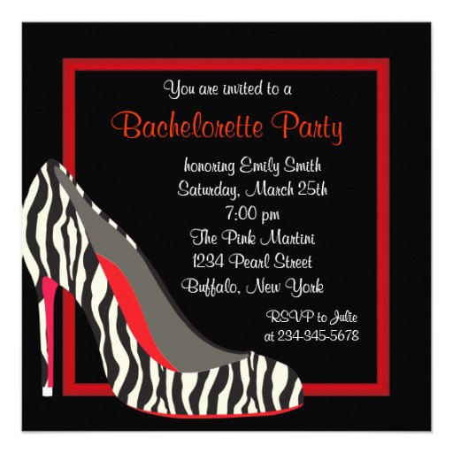 Red Zebra High Heel Shoes Bachelorette Party Custom Invitations