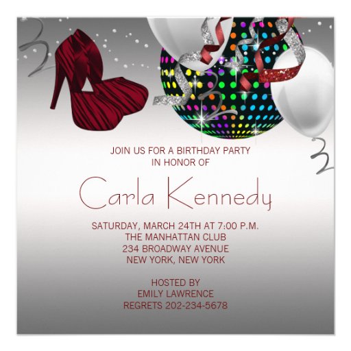 Red Zebra High Heel Shoes Disco Birthday Party Custom Invitation