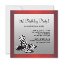 Red Zebra High Heels Womans Birthday Party Custom Invite