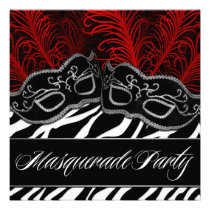 Red Zebra Mask Masquerade Ball Party Invitations
