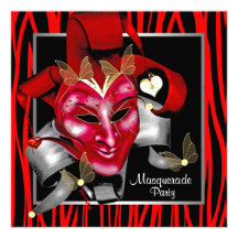 Red Zebra Mask Red Masquerade Party Custom Invitation