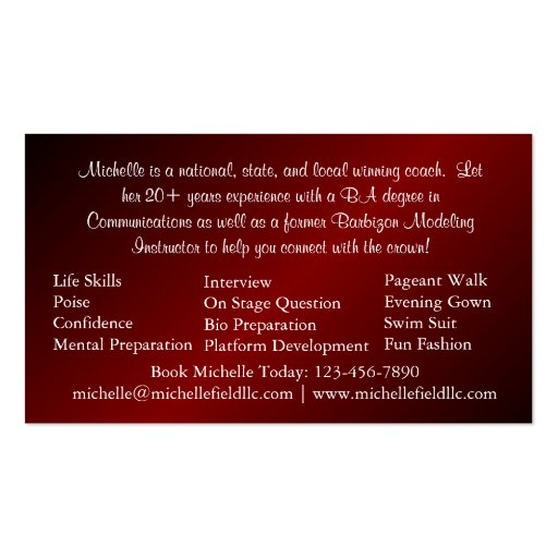 Red Zebra Print Pageant Business Card (Horizontal) (back side)