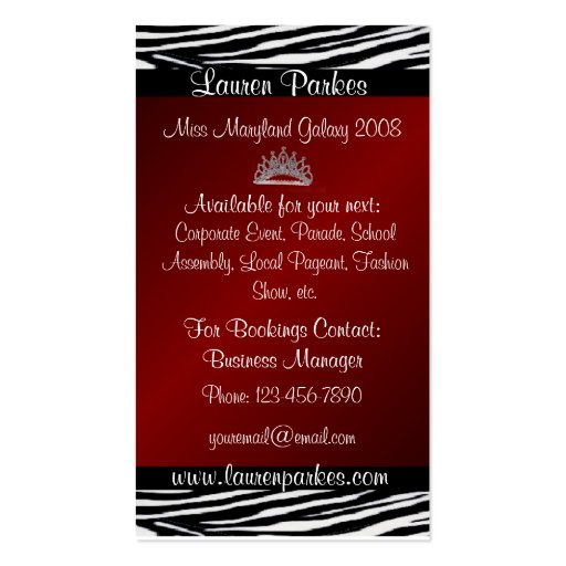 Red Zebra Print Pageant Business Card (Vertical) (back side)
