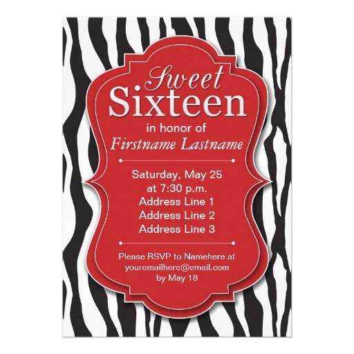 Red Zebra Print Sweet 16 Birthday Invitations