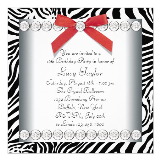 Red Zebra Sweet 16 Birthday Party Custom Invite
