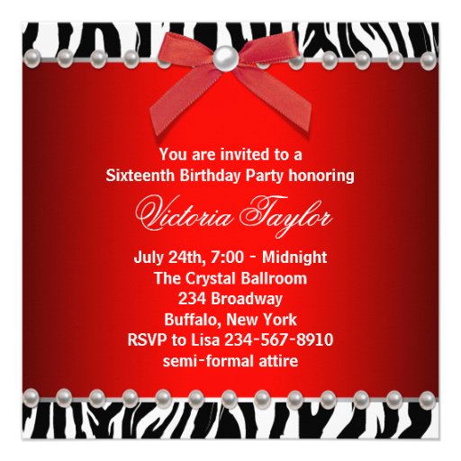 Red Zebra Sweet 16 Birthday Party Personalized Invite