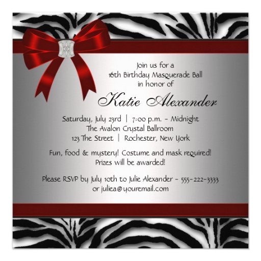 Red Zebra Sweet 16 Masquerade Party Custom Invitations