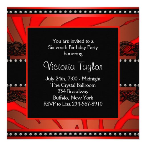 Red Zebra Sweet Sixteen Birthday Party Custom Invite