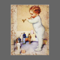 Redhead Baby Boy Blowing Horn to Soldiers postcards
