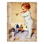 Redhead Baby Boy Blowing Horn to Soldiers Post Card