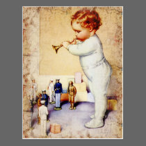 Redhead Baby Boy Blowing Horn to Soldiers postcards