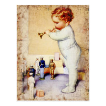 Redhead Baby Boy Blowing Horn to Soldiers Post Card
