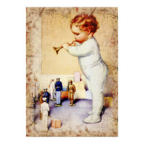 Redhead Baby Boy Blowing Horn to Soldiers posters