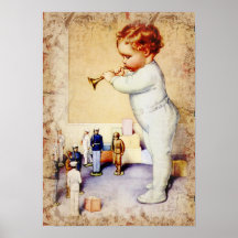 Redhead Baby Boy Blowing Horn to Soldiers Posters