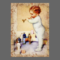 Redhead Baby Boy Blowing Horn to Soldiers posters