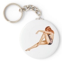 Redhead Pinup Girl in One Piece Bathing Suit Keychain