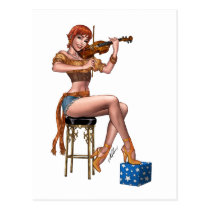 pinup, al rio, art, drawing, redhead, high heels, gypsy, violin, fiddle, legs, Postcard with custom graphic design