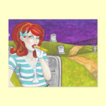 Redhead w Kazoo in Graveyard dark art postcard postcards