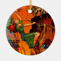 Redhead Warrior Maid Fighting Wolves Christmas Tree Ornament