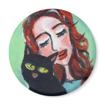 Redhead with black cat love fridge magnet