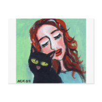 Redhead with black cat love postcards by zadajeanne Redhead with black cat love postcards