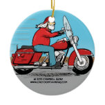 Santa rides a red bagger? Who knew? you can bet there's a reindeer off somewhere having a fit over it... Cartoon Art by biker cartoonist Rob Campbell RedRoadGlide Ornaments