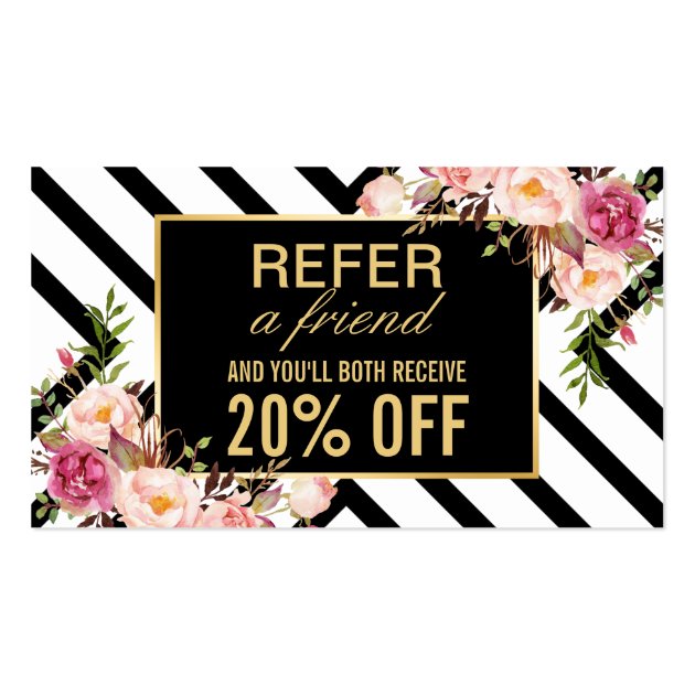 Refer a Friend | Beautiful Pink Floral Stripes Business Card (front side)