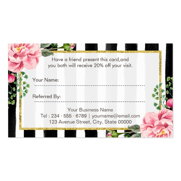 Refer a Friend | Pink Floral Gold Stripes Referral Business Card (back side)