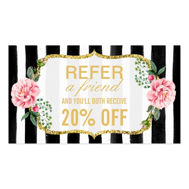 Refer a Friend | Pink Floral Gold Stripes Referral Business Card (front side)