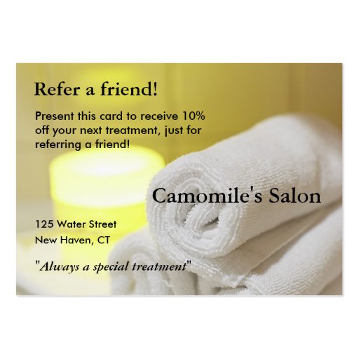 Referral Card with candles and towels Business Card Template (front side)
