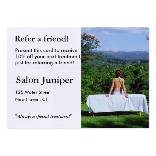 Referral Card with outdoor massage table Business Card (front side)