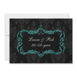 regal flourish black and aqua damask thank you invites