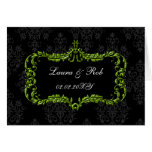 regal flourish black and green damask thank you card