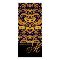 Regal Gold & Blue Monogram Damask Wedding Menu Invite