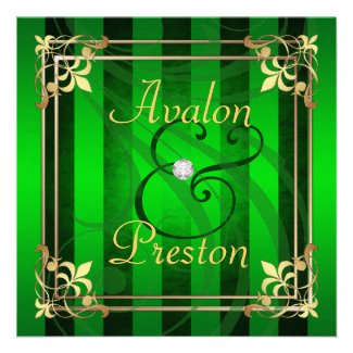 Regal Gold Filigree Green Stripe Invitation