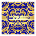 Regal Gold Metal Damask Blue Scroll Invitation