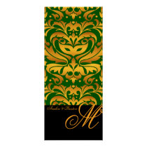 Regal Green & Gold Monogram Damask Wedding Menu Personalized Announcements