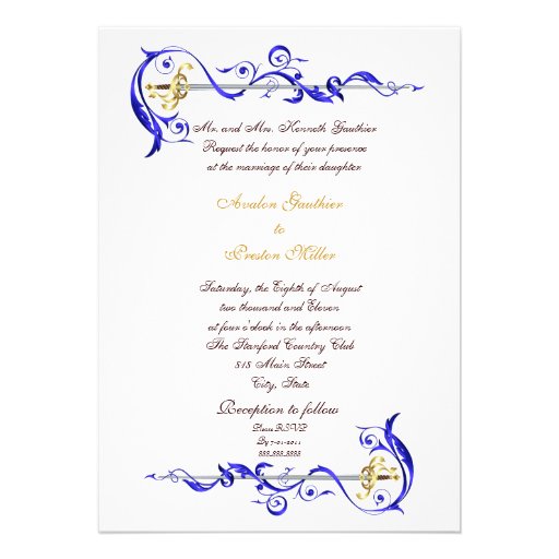 Regal Navy Scroll Ribbon Sword Wedding Invitation