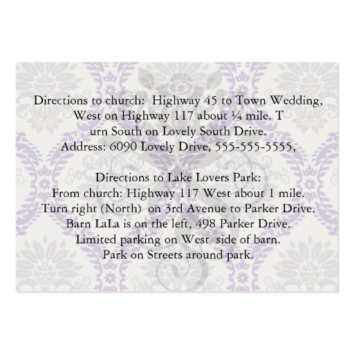 regal purple gray and cream damask design business card (back side)