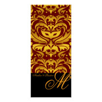Regal Red & Gold Monogram Damask Wedding Menu Invites